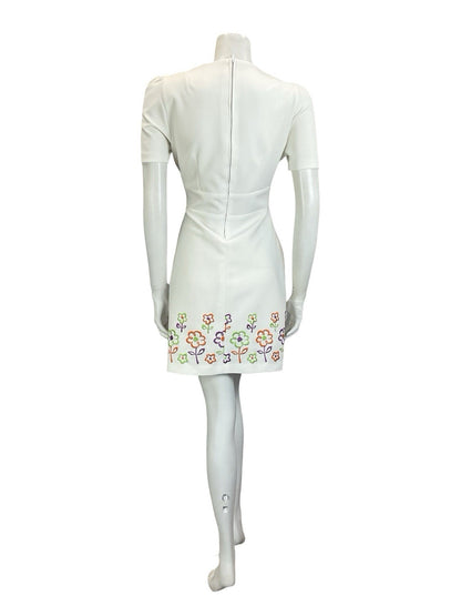 VTG 60S 70S WHITE ORANGE PURPLE GREEN FLORAL LACE UP RIC RAC MINI DRESS 12 14 M