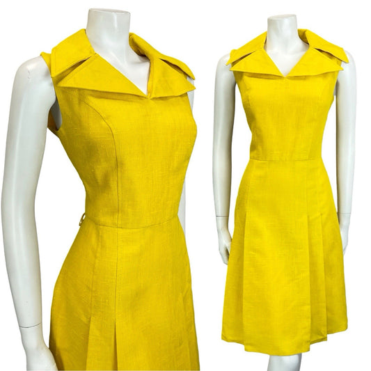 VTG 60S 70S MOD BRIGHT YELLOW WING NOTCH LAPEL PLEATED SHIRT MINI DRESS 12