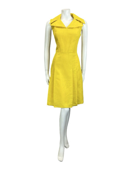 VTG 60S 70S MOD BRIGHT YELLOW WING NOTCH LAPEL PLEATED SHIRT MINI DRESS 12