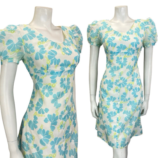 VTG 60S 70S WHITE BLUE GREEN FLORAL PUFF SLEEVE EMPIRE MESH DRESS 8