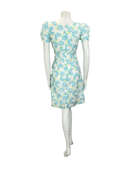 VTG 60S 70S WHITE BLUE GREEN FLORAL PUFF SLEEVE EMPIRE MESH DRESS 8