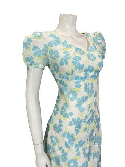 VTG 60S 70S WHITE BLUE GREEN FLORAL PUFF SLEEVE EMPIRE MESH DRESS 8