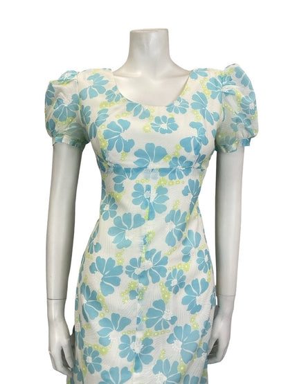 VTG 60S 70S WHITE BLUE GREEN FLORAL PUFF SLEEVE EMPIRE MESH DRESS 8