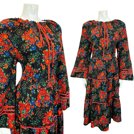 VTG 60S 70S BLACK RED BLUE FLORAL FOLK BOHO BELL SLEEVE TIERED SMOCK DRESS 14
