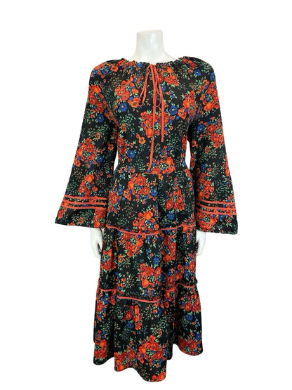 VTG 60S 70S BLACK RED BLUE FLORAL FOLK BOHO BELL SLEEVE TIERED SMOCK DRESS 14