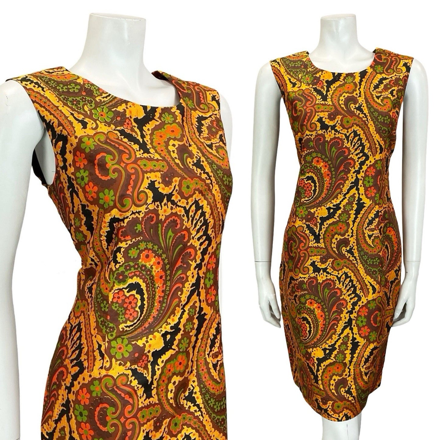 VTG 60S 70S GOLD BROWN RED GREEN PSYCHEDELIC FLORAL SWIRL SHIFT DRESS 10 12