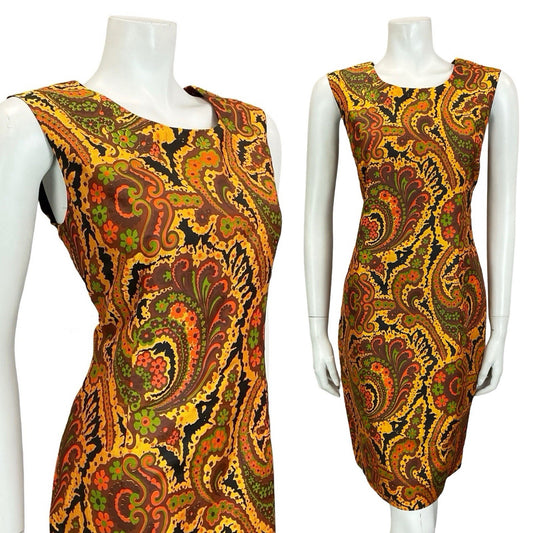 VTG 60S 70S GOLD BROWN RED GREEN PSYCHEDELIC FLORAL SWIRL SHIFT DRESS 10 12