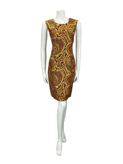 VTG 60S 70S GOLD BROWN RED GREEN PSYCHEDELIC FLORAL SWIRL SHIFT DRESS 10 12