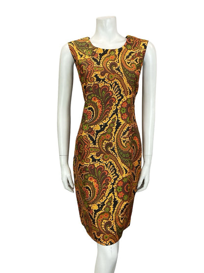 VTG 60S 70S GOLD BROWN RED GREEN PSYCHEDELIC FLORAL SWIRL SHIFT DRESS 10 12
