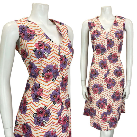 VTG 60S 70S WHITE PINK PURPLE ORANGE CHEVRON FLORAL PLUNGING V NECK DRESS 16