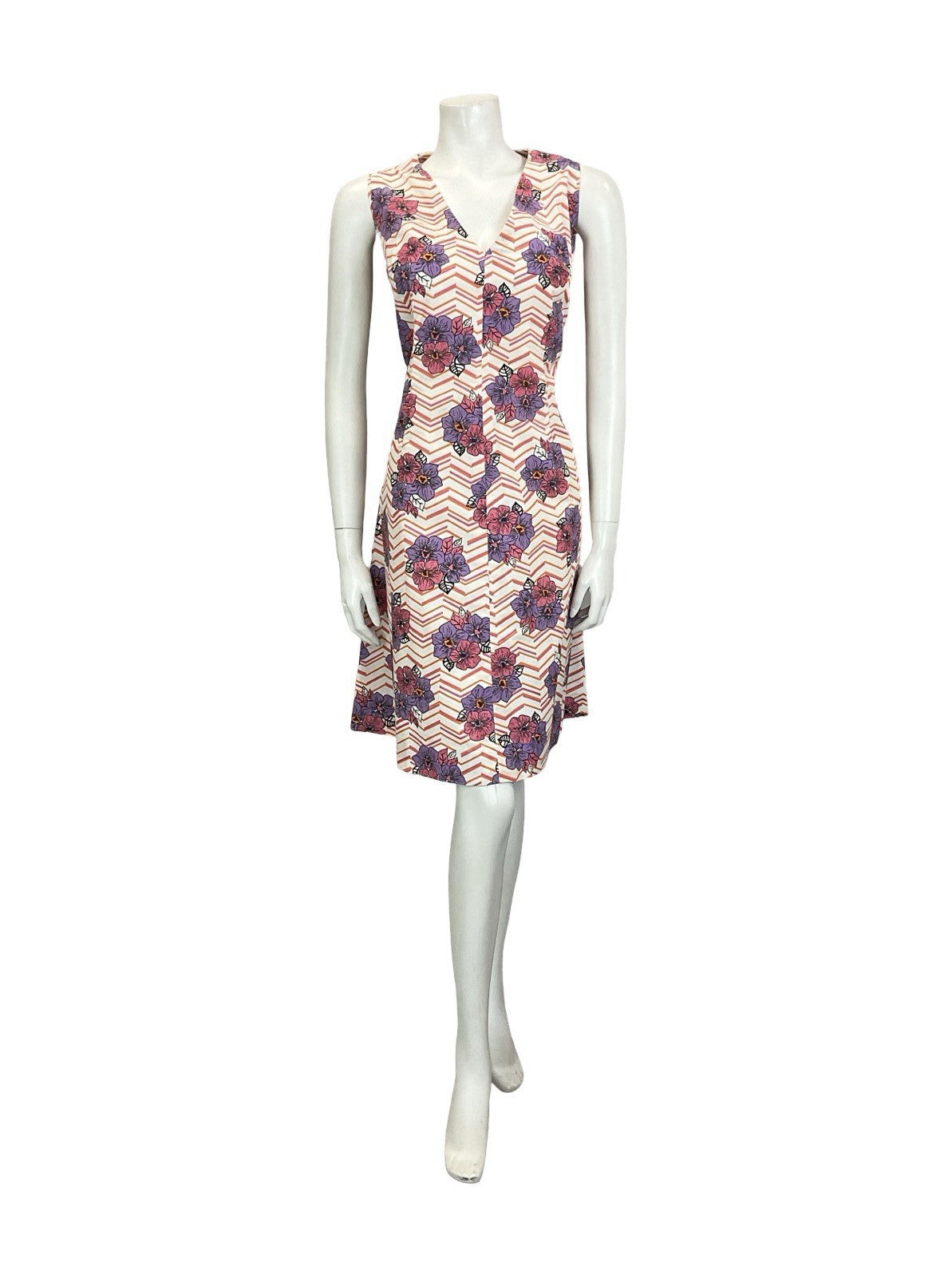 VTG 60S 70S WHITE PINK PURPLE ORANGE CHEVRON FLORAL PLUNGING V NECK DRESS 16