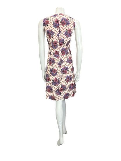 VTG 60S 70S WHITE PINK PURPLE ORANGE CHEVRON FLORAL PLUNGING V NECK DRESS 16