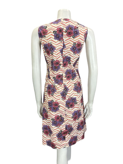 VTG 60S 70S WHITE PINK PURPLE ORANGE CHEVRON FLORAL PLUNGING V NECK DRESS 16