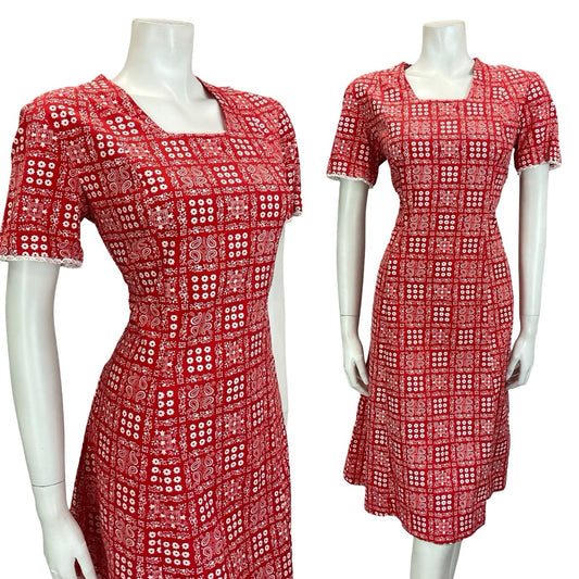 VTG 60S 70S RED WHITE TILED PAISLEY FLORAL COTTAGE PRAIRIE LACE DRESS 14 16