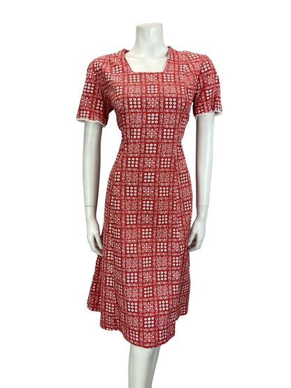 VTG 60S 70S RED WHITE TILED PAISLEY FLORAL COTTAGE PRAIRIE LACE DRESS 14 16