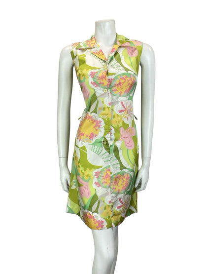 VTG 60S 70S GREEN PINK WHITE ABSTRACT FLORAL JOHNNY COLLAR SHIRT DRESS 10