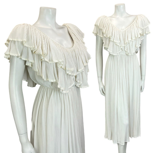 VTG 70S IVORY WHITE BRIDAL BOHO SATIN GRECO ROMAN RUFFLE BLOUSON MIDI DRESS 8