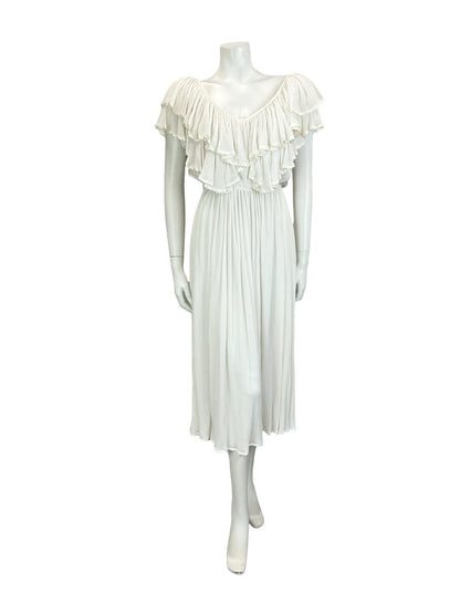 VTG 70S IVORY WHITE BRIDAL BOHO SATIN GRECO ROMAN RUFFLE BLOUSON MIDI DRESS 8