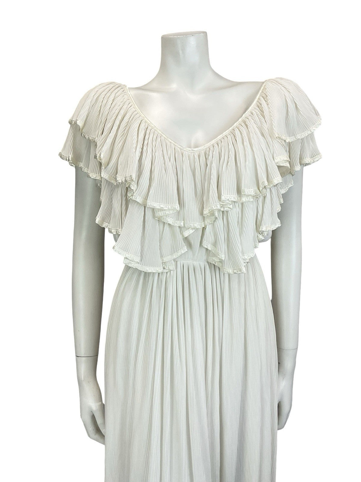 VTG 70S IVORY WHITE BRIDAL BOHO SATIN GRECO ROMAN RUFFLE BLOUSON MIDI DRESS 8