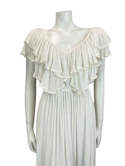 VTG 70S IVORY WHITE BRIDAL BOHO SATIN GRECO ROMAN RUFFLE BLOUSON MIDI DRESS 8