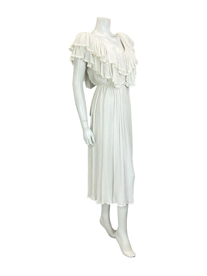 VTG 70S IVORY WHITE BRIDAL BOHO SATIN GRECO ROMAN RUFFLE BLOUSON MIDI DRESS 8