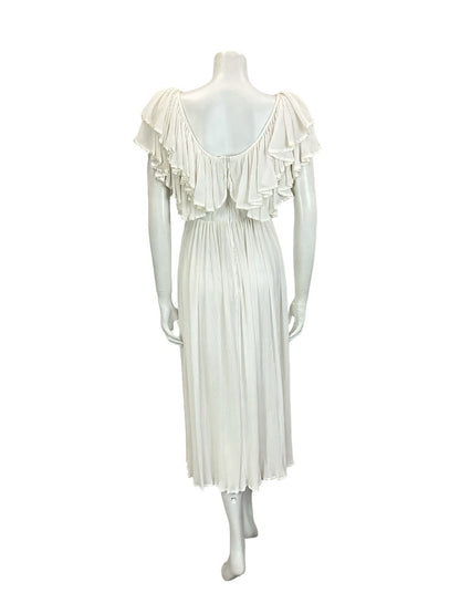 VTG 70S IVORY WHITE BRIDAL BOHO SATIN GRECO ROMAN RUFFLE BLOUSON MIDI DRESS 8