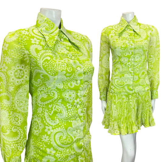 VTG 60S 70S NEON GREEN WHITE PSYCHEDELIC DROPPED WAIST PLEATED SHIRT DRESS 4 6