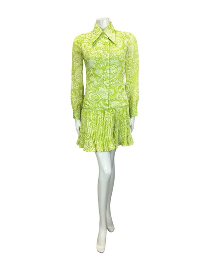 VTG 60S 70S NEON GREEN WHITE PSYCHEDELIC DROPPED WAIST PLEATED SHIRT DRESS 4 6