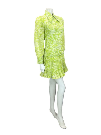 VTG 60S 70S NEON GREEN WHITE PSYCHEDELIC DROPPED WAIST PLEATED SHIRT DRESS 4 6