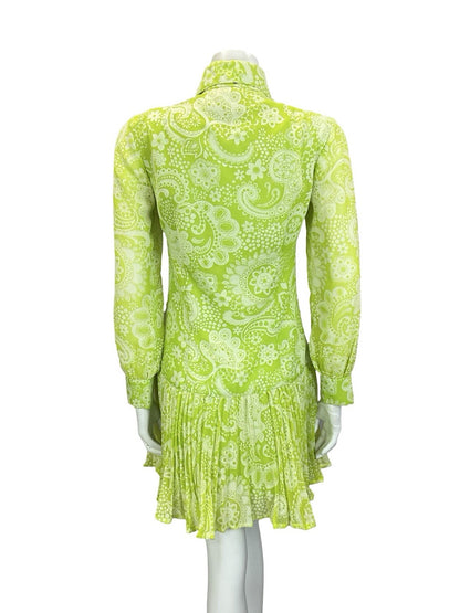 VTG 60S 70S NEON GREEN WHITE PSYCHEDELIC DROPPED WAIST PLEATED SHIRT DRESS 4 6