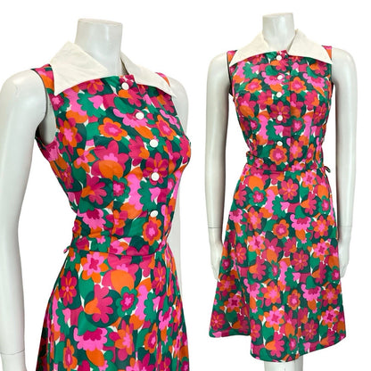 VTG 60S 70S WHITE PINK GREEN GEOMETRIC FLORAL SLEEVELESS SWING SHIRT DRESS 8