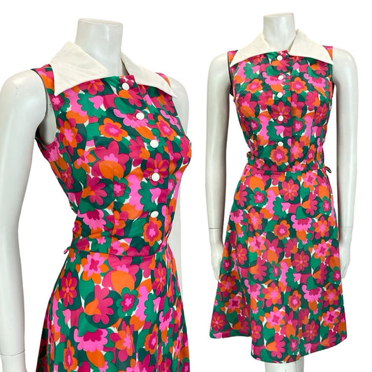 VTG 60S 70S WHITE PINK GREEN GEOMETRIC FLORAL SLEEVELESS SWING SHIRT DRESS 8