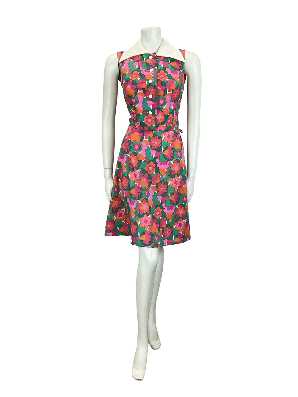 VTG 60S 70S WHITE PINK GREEN GEOMETRIC FLORAL SLEEVELESS SWING SHIRT DRESS 8