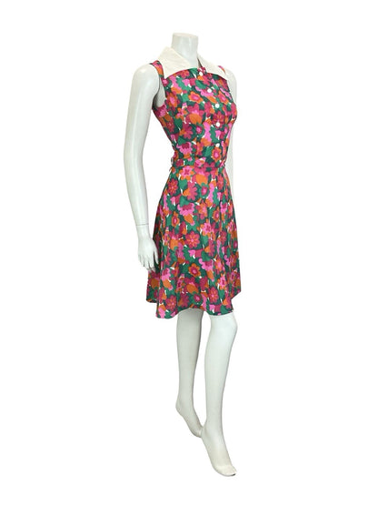 VTG 60S 70S WHITE PINK GREEN GEOMETRIC FLORAL SLEEVELESS SWING SHIRT DRESS 8