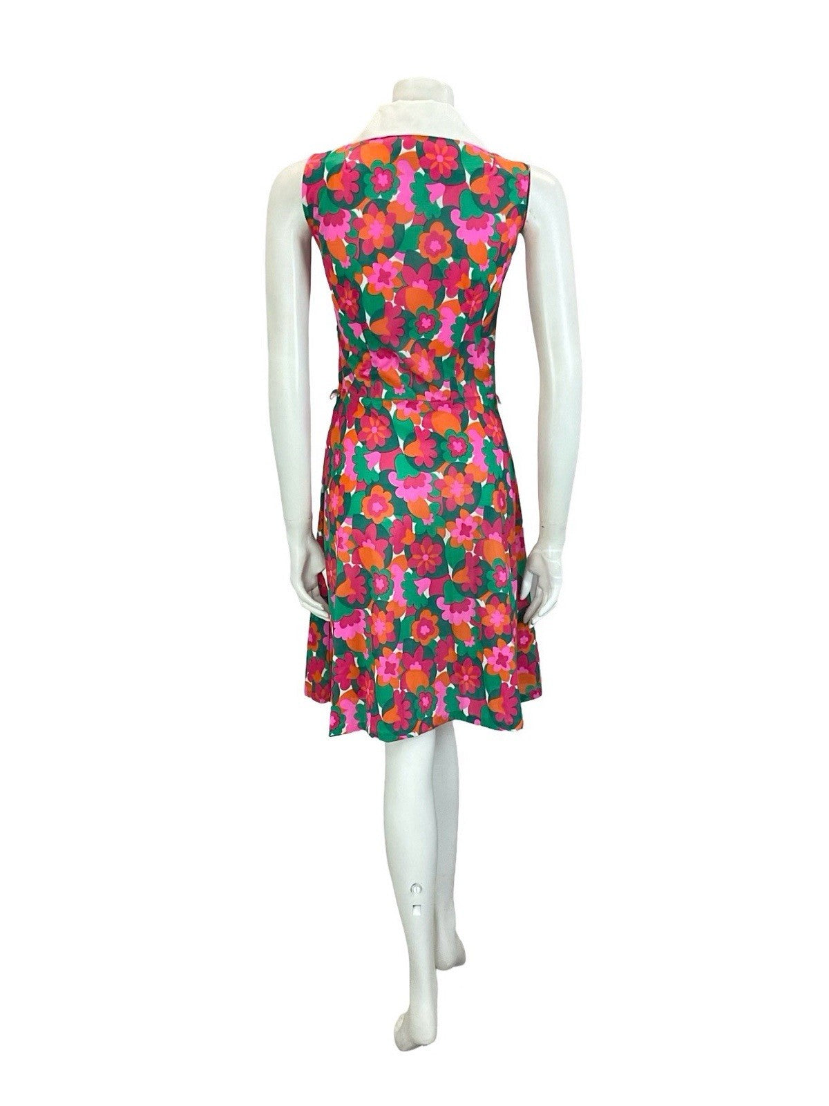 VTG 60S 70S WHITE PINK GREEN GEOMETRIC FLORAL SLEEVELESS SWING SHIRT DRESS 8