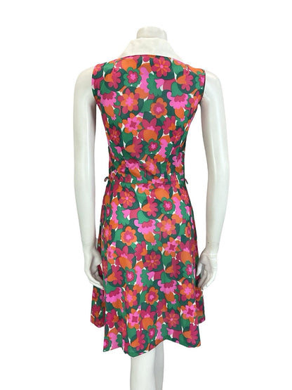 VTG 60S 70S WHITE PINK GREEN GEOMETRIC FLORAL SLEEVELESS SWING SHIRT DRESS 8