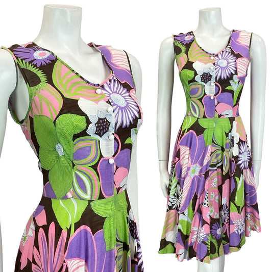VTG 60S 70S PURPLE GREEN BROWN PINK PSYCHEDELIC FLORAL SWING SUMMER DRESS 10