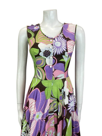VTG 60S 70S PURPLE GREEN BROWN PINK PSYCHEDELIC FLORAL SWING SUMMER DRESS 10