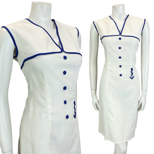 VTG 60S 70S WHITE NAVY BLUE GEOMETRIC EMBOSSED NAUTICAL SAILOR SHIFT DRESS 14