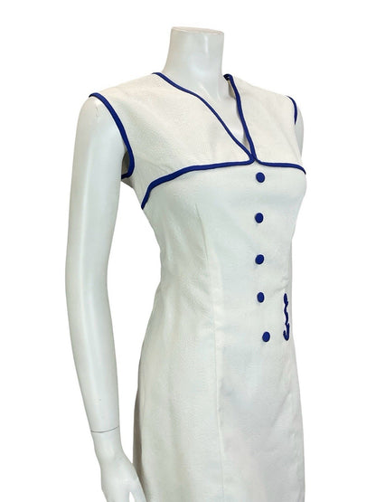 VTG 60S 70S WHITE NAVY BLUE GEOMETRIC EMBOSSED NAUTICAL SAILOR SHIFT DRESS 14