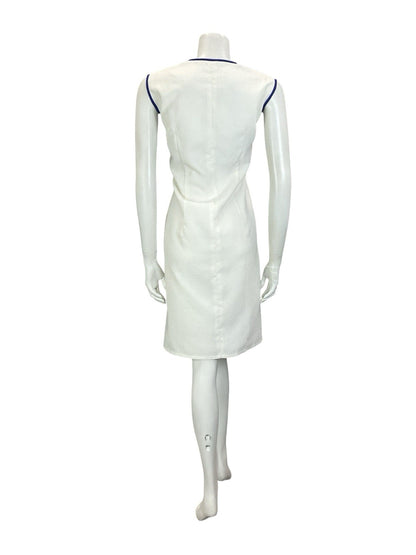 VTG 60S 70S WHITE NAVY BLUE GEOMETRIC EMBOSSED NAUTICAL SAILOR SHIFT DRESS 14