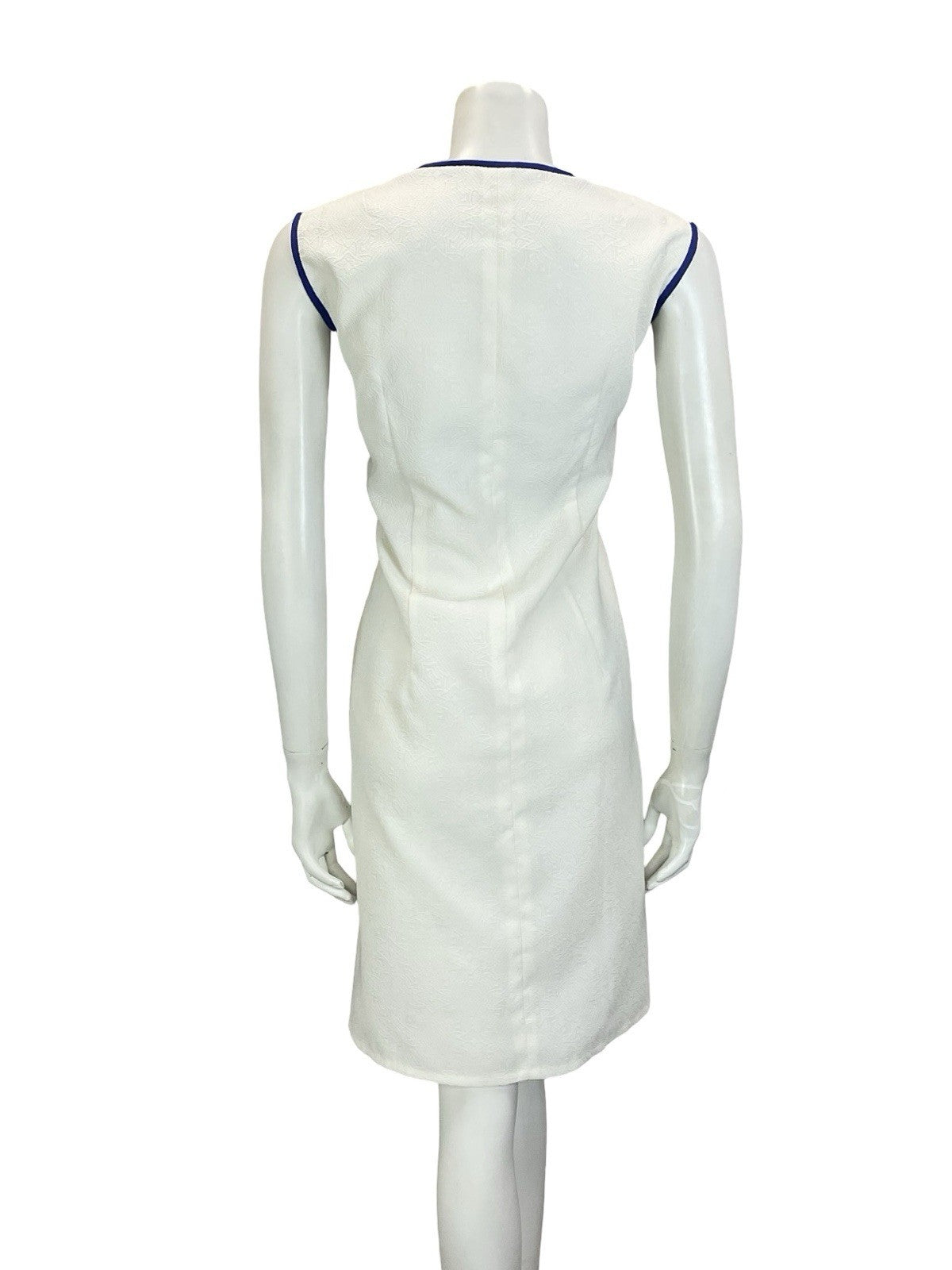 VTG 60S 70S WHITE NAVY BLUE GEOMETRIC EMBOSSED NAUTICAL SAILOR SHIFT DRESS 14