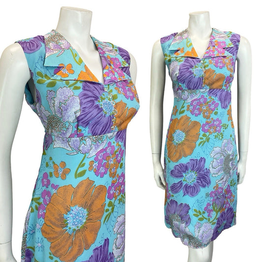 VTG 60S 70S BLUE ORANGE PURPLE PINK FLORAL EMPIRE DAGGER NOTCH SHIRT DRESS 10