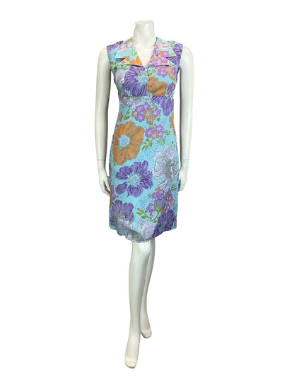 VTG 60S 70S BLUE ORANGE PURPLE PINK FLORAL EMPIRE DAGGER NOTCH SHIRT DRESS 10