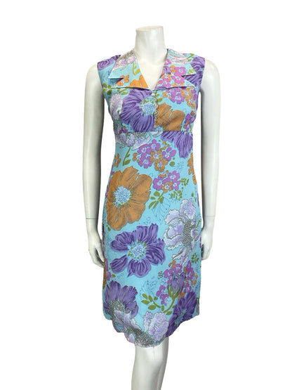VTG 60S 70S BLUE ORANGE PURPLE PINK FLORAL EMPIRE DAGGER NOTCH SHIRT DRESS 10