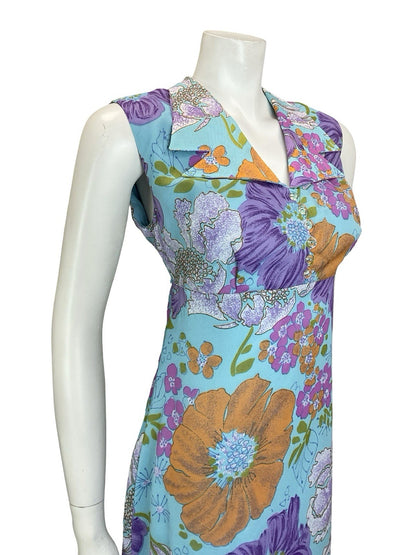 VTG 60S 70S BLUE ORANGE PURPLE PINK FLORAL EMPIRE DAGGER NOTCH SHIRT DRESS 10