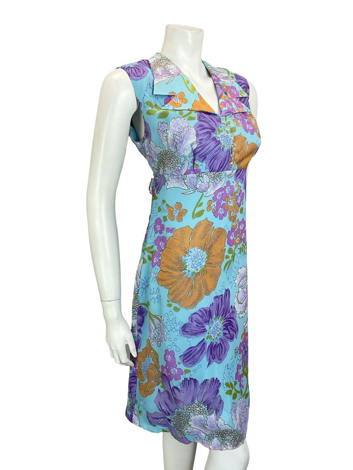 VTG 60S 70S BLUE ORANGE PURPLE PINK FLORAL EMPIRE DAGGER NOTCH SHIRT DRESS 10