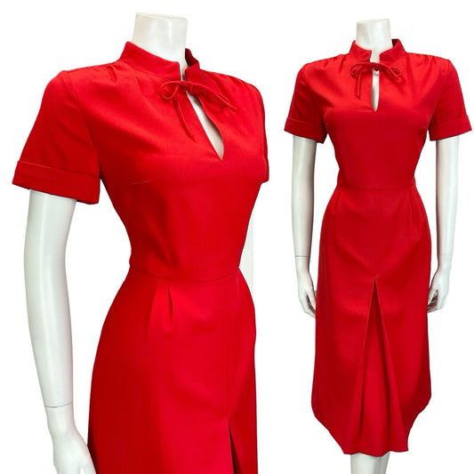 VTG 60S 70S MOD BRIGHT RED MANDARIN TIE COLLAR PLEATED MIDI DRESS 12