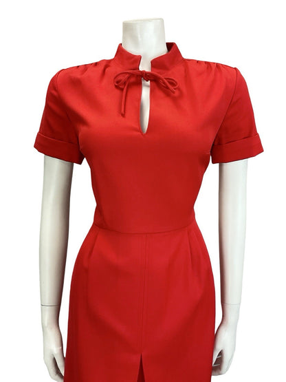 VTG 60S 70S MOD BRIGHT RED MANDARIN TIE COLLAR PLEATED MIDI DRESS 12