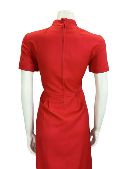 VTG 60S 70S MOD BRIGHT RED MANDARIN TIE COLLAR PLEATED MIDI DRESS 12